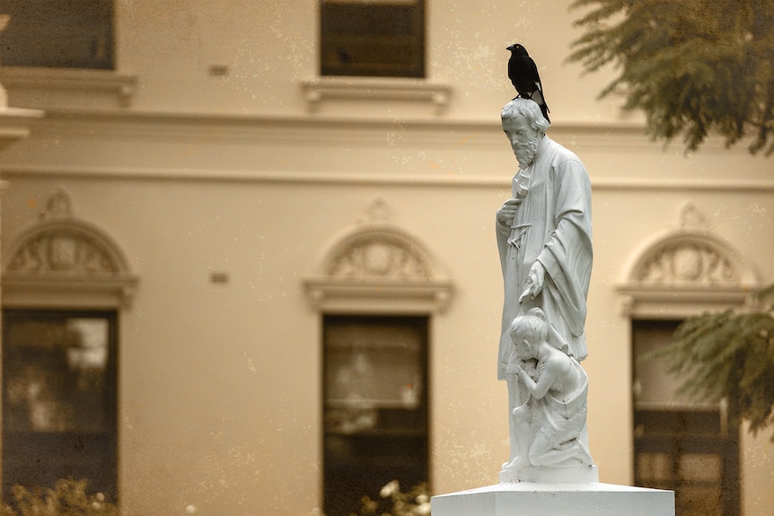 Statue with a crow on the head at Nudgee School in Brisbane
