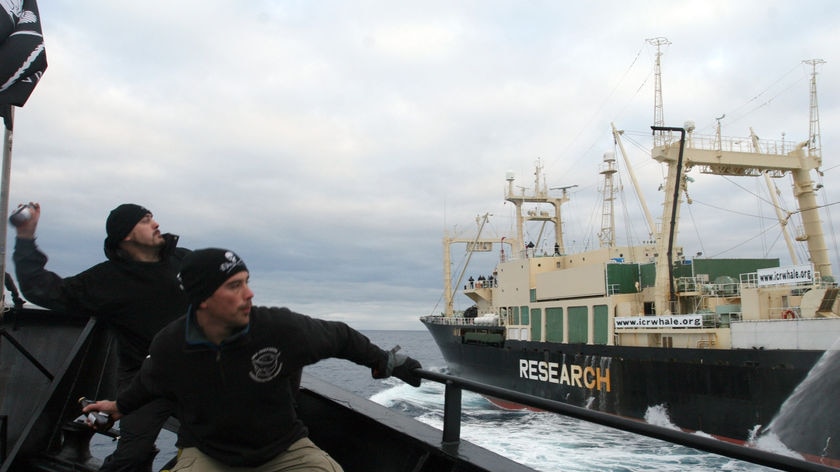 Activists onboard anti-whaling ship, The Steve Irwin, pelting the Nisshin Maru with substances