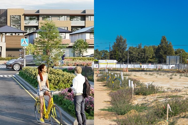 A composite image showing an artist impression of a housing development, and an vacant block of land