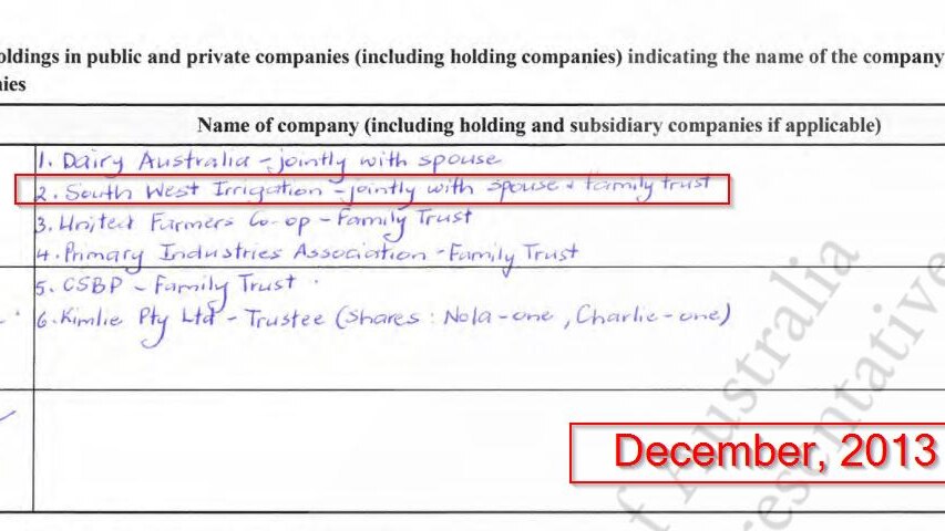 Screenshot of Nola Marino's register of interests showing she declared she had shares in South West Irrigation in 2013.
