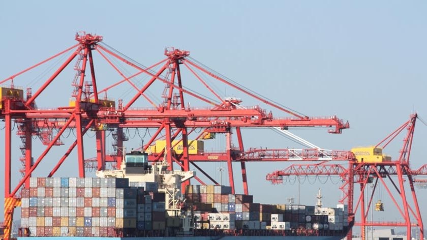 Container ship docked at Port of Brisbane, with cranes in view.