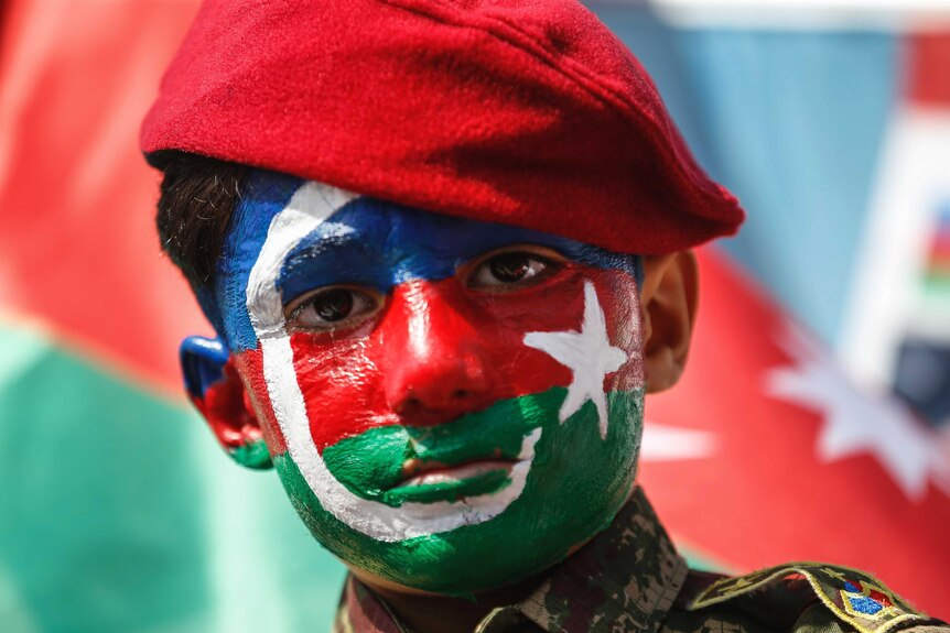 A child, his face covered with the colours of the flag of Azerbaijan participates in a protest in Istanbul.