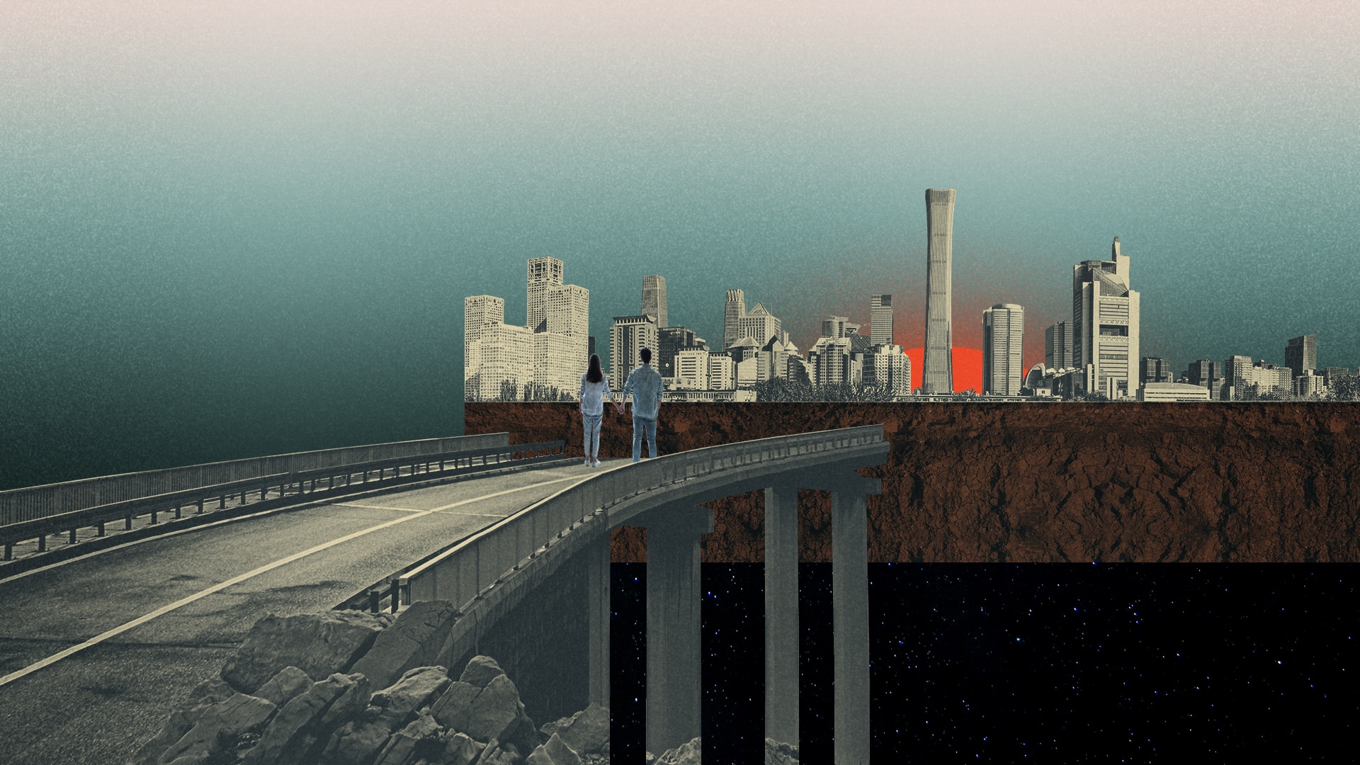 A couple stares at a city skyline.