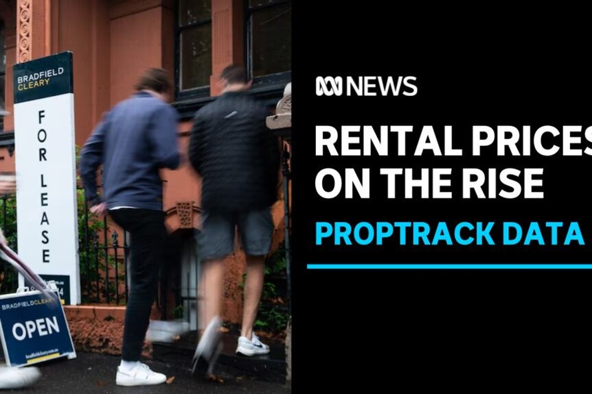 Rental Prices on the Rise, Proptrack Data: Motion blurred people entering an open home with a for lease sign out the front.