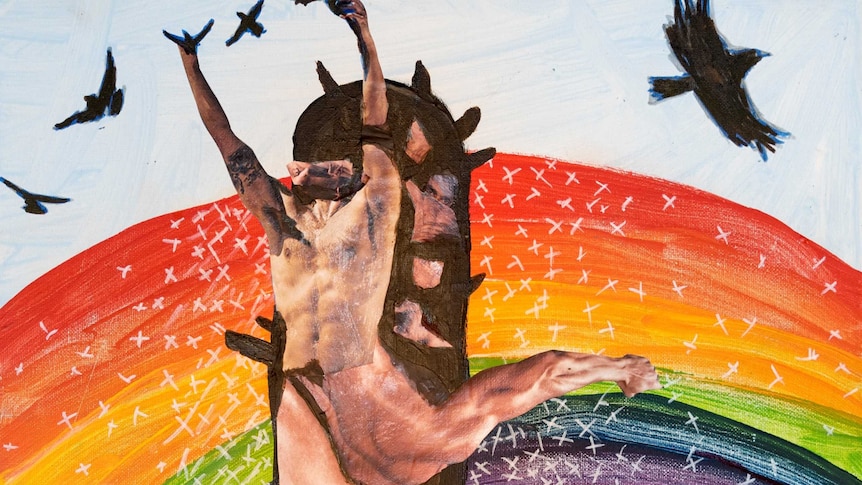 Collage image featuring black crows, a rainbow, and a distorted human figure.