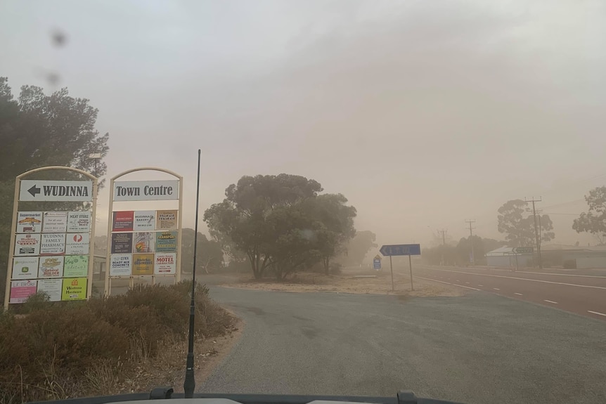 Dust moves across a road at Wudinna