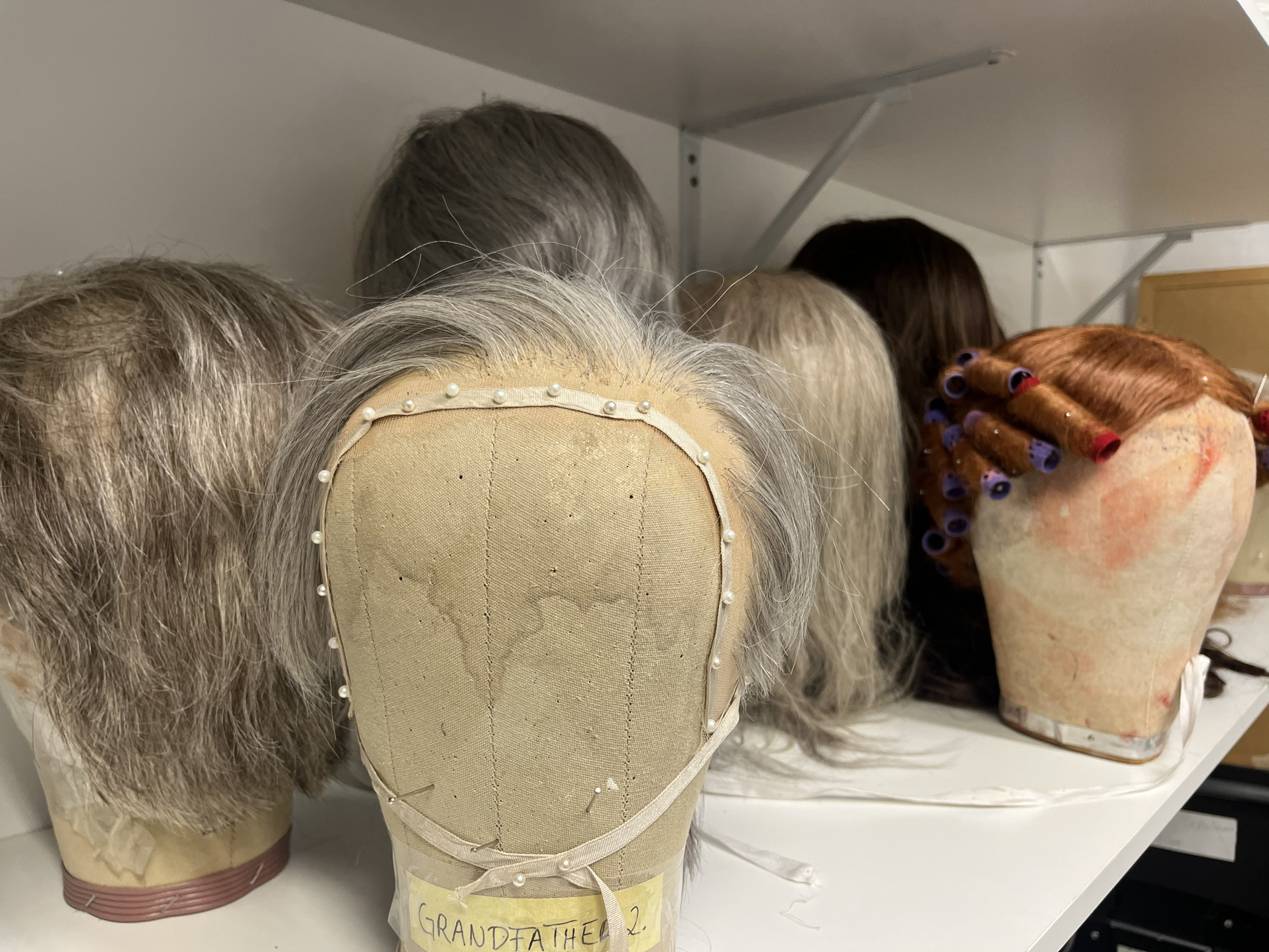 Several wigs on stands sit on a shelf