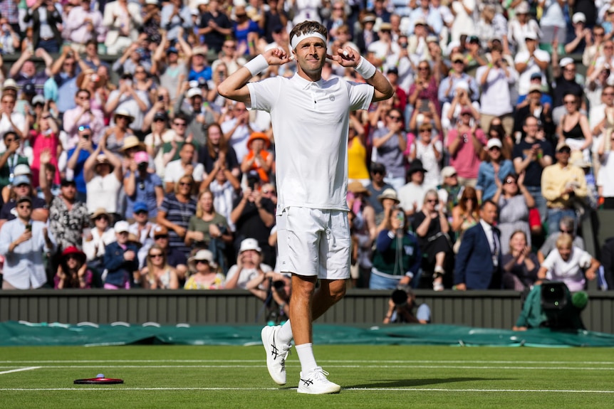 Liam Broady puts his hands to his ears on Centre Court at Wimbledon