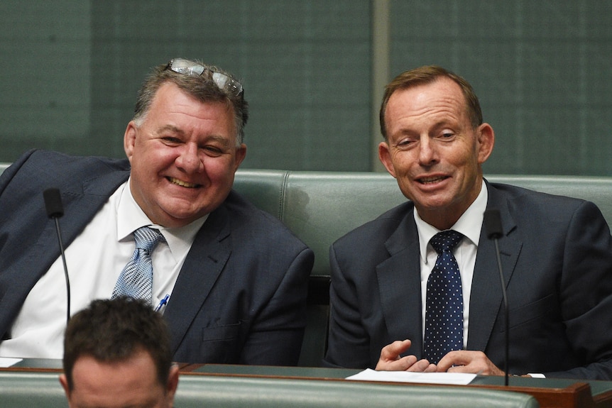 Craig Kelly and Tony Abbott smile during Question Time at Parliament House.