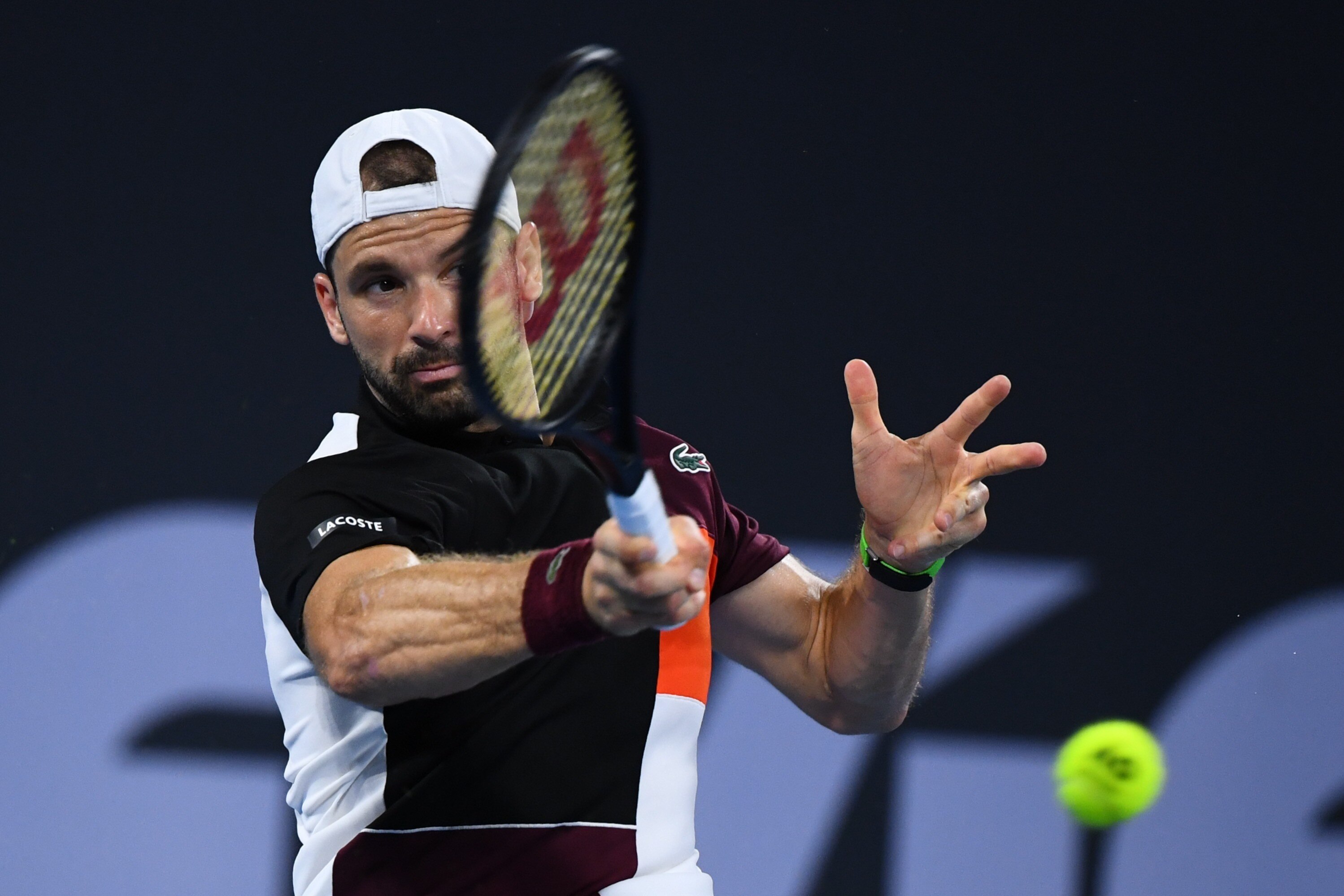Grigor Dimitrov holding a racket in front of him hitting a tennis ball. 