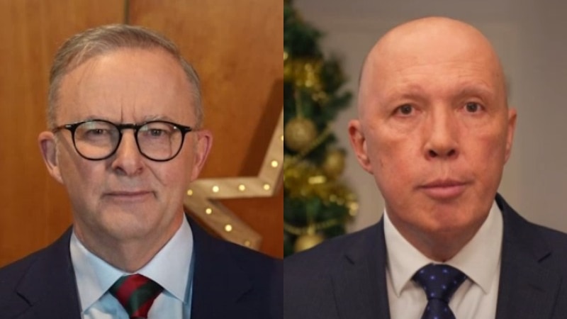 Composite image of Anthony Albanese and Peter Dutton delivering Christmas messages.