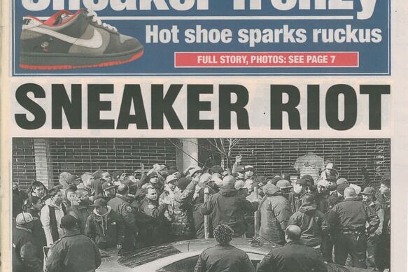 A newspaper front page showing sneaker riot.