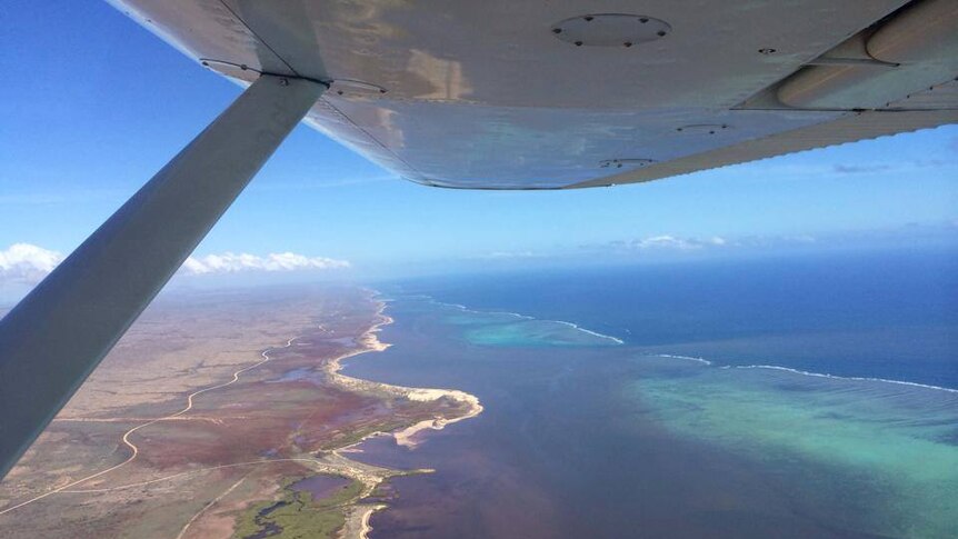 An aerial shot of waters off Ningaloo Reef near Exmouth.