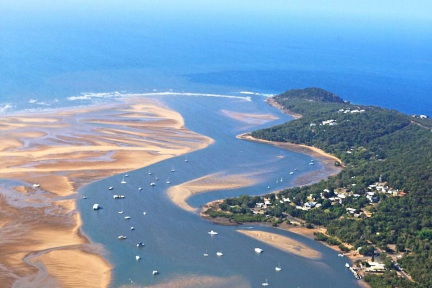 A view from the air of an estuary with houses dotting bushland.