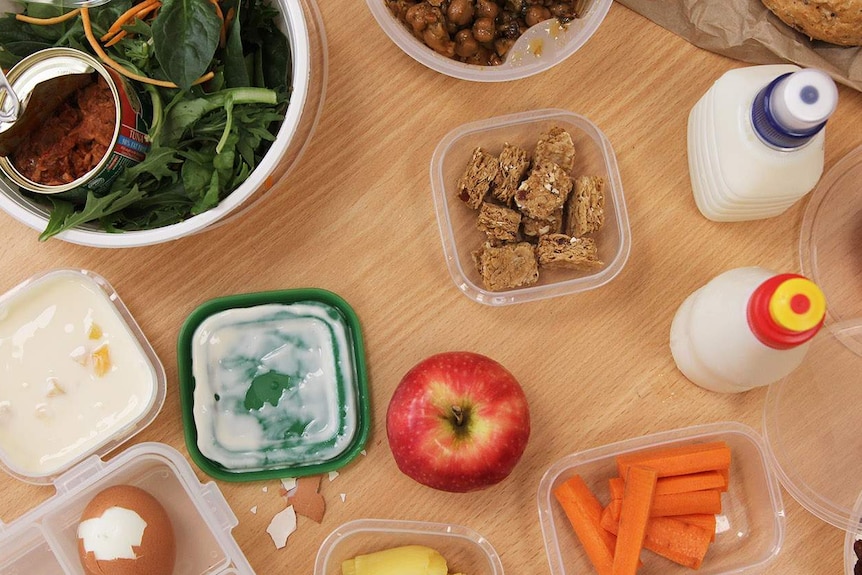 a table of food from above in containers