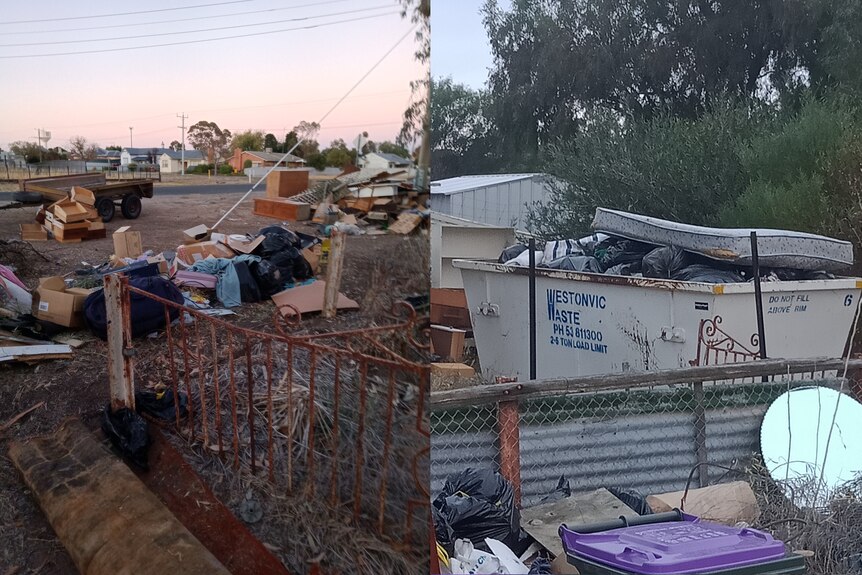 left image shows old clothes, metal, timber and furniture. the right image has a skip full of black garbage bags and mattress