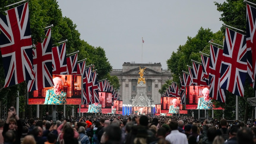 A huge crowd in front of Buckingham Palace, the road lined with British flags hung and The Queen on screens