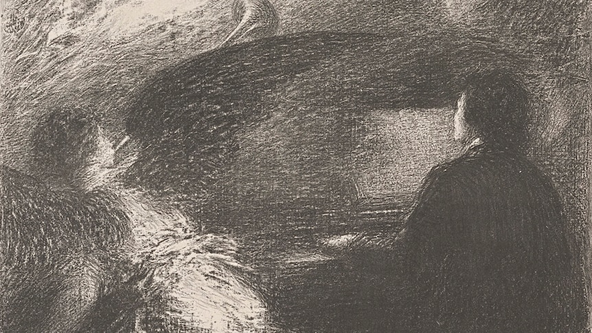 Henri Fantin-Latour's lithograph depicting composer Robert Schumann sits playing a piano while angels or muses float above.