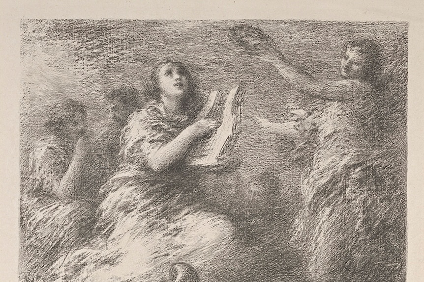 Henri Fantin-Latour's lithograph depicting composer Robert Schumann sits playing a piano while angels or muses float above.