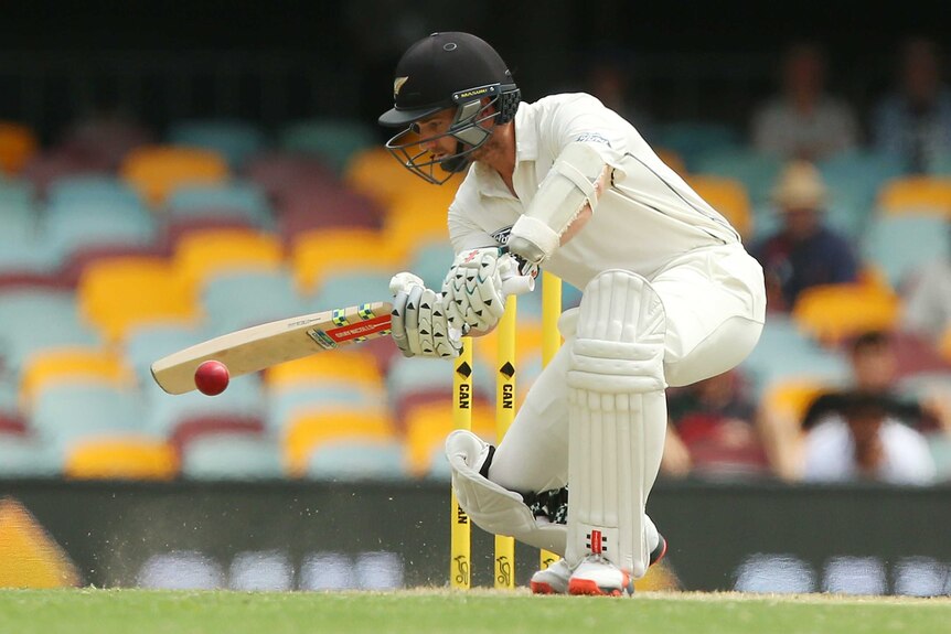 Kane Williamson negotiates a delivery on day four at the Gabba