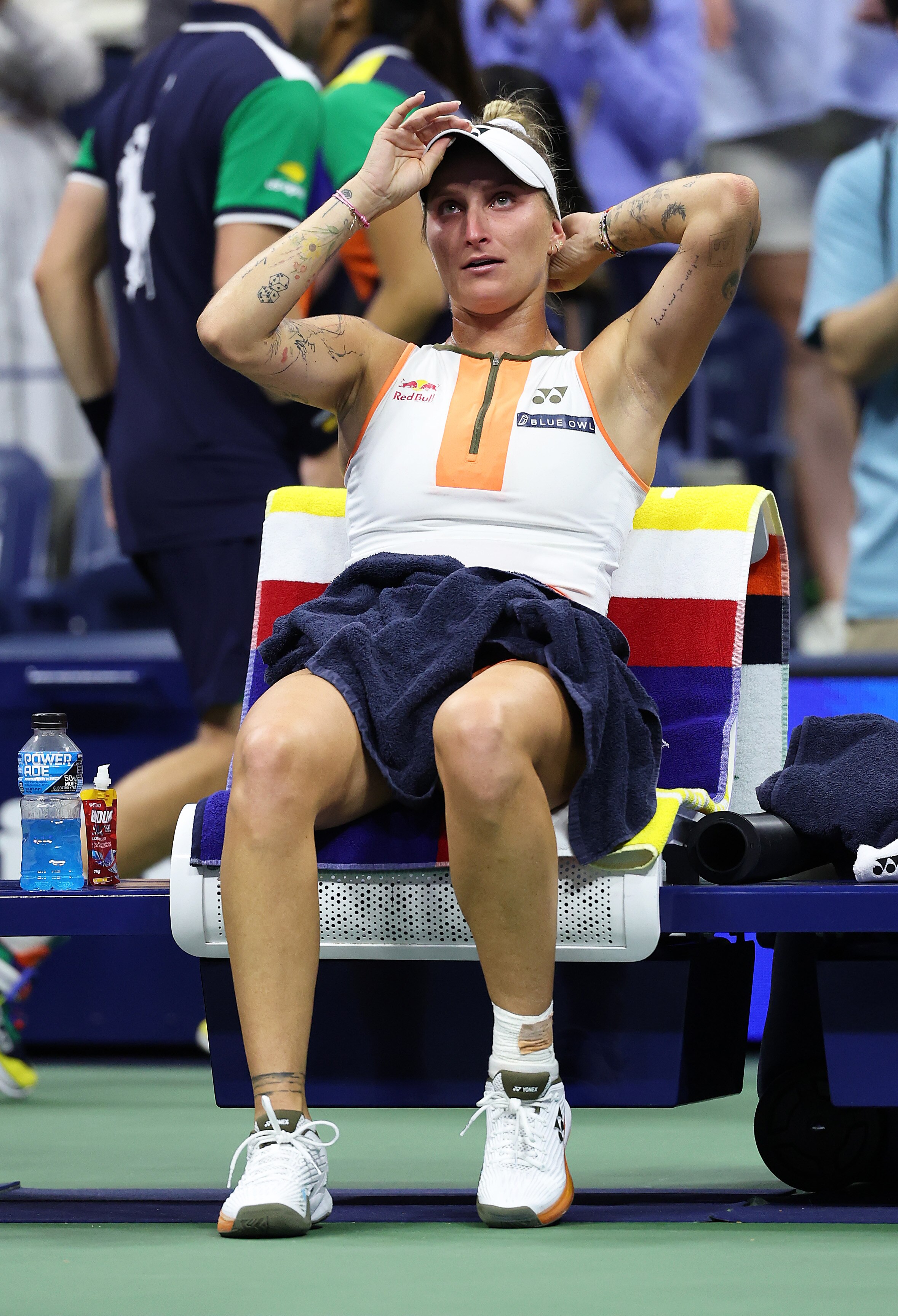 Markéta Vondroušová sits on her chair after her match at the US Open.