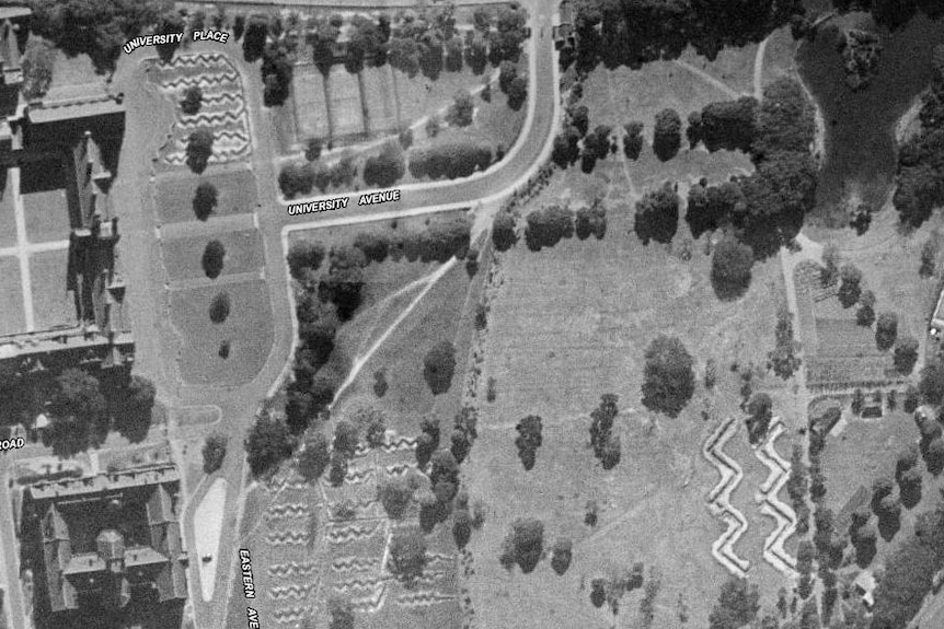 Zig-zag anti-aircraft trenches in Camperdown in 1943