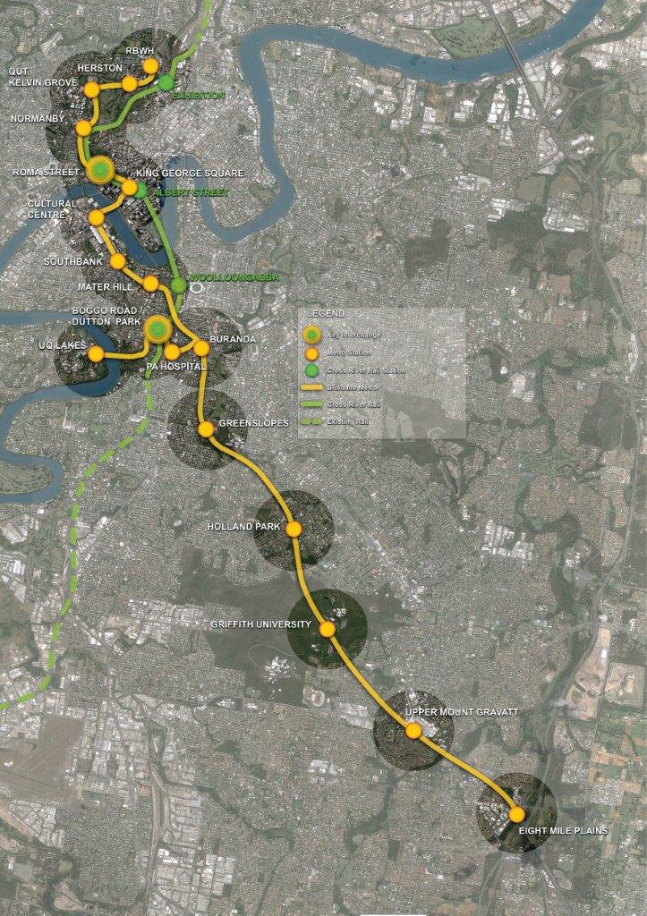 Map of Brisbane metro and cross river rail.