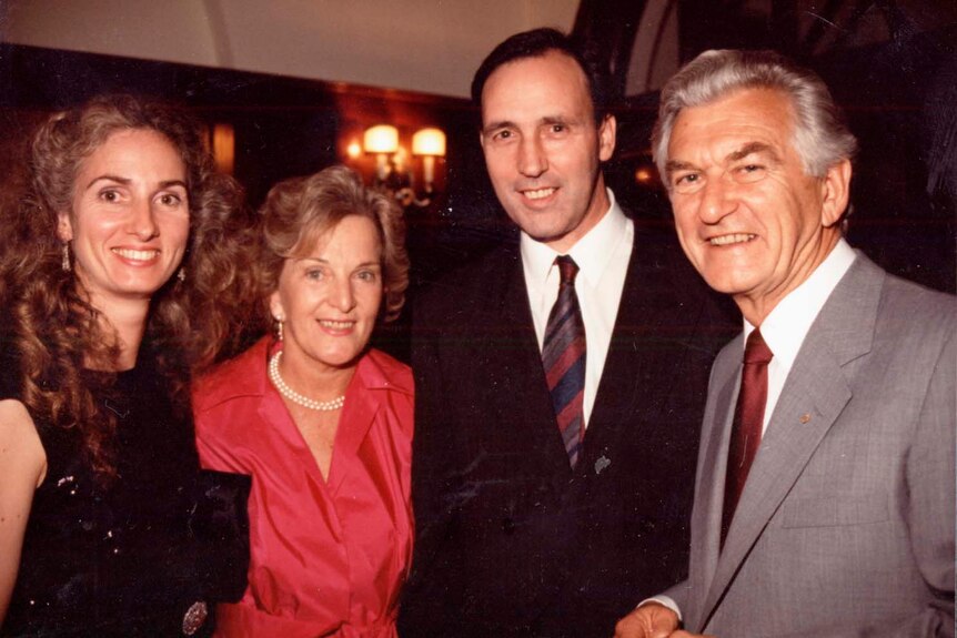 Annita (left) and Paul Keating (2nd right) with Hazel and Bob Hawke