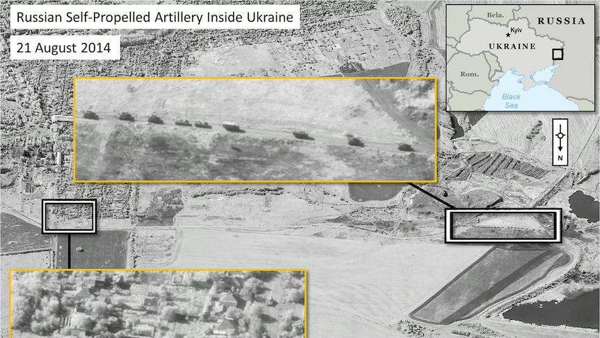 Satellite image allegedly shows Russian military units moving in a convoy with self-propelled artillery in the area of Krasnodon, Ukraine.