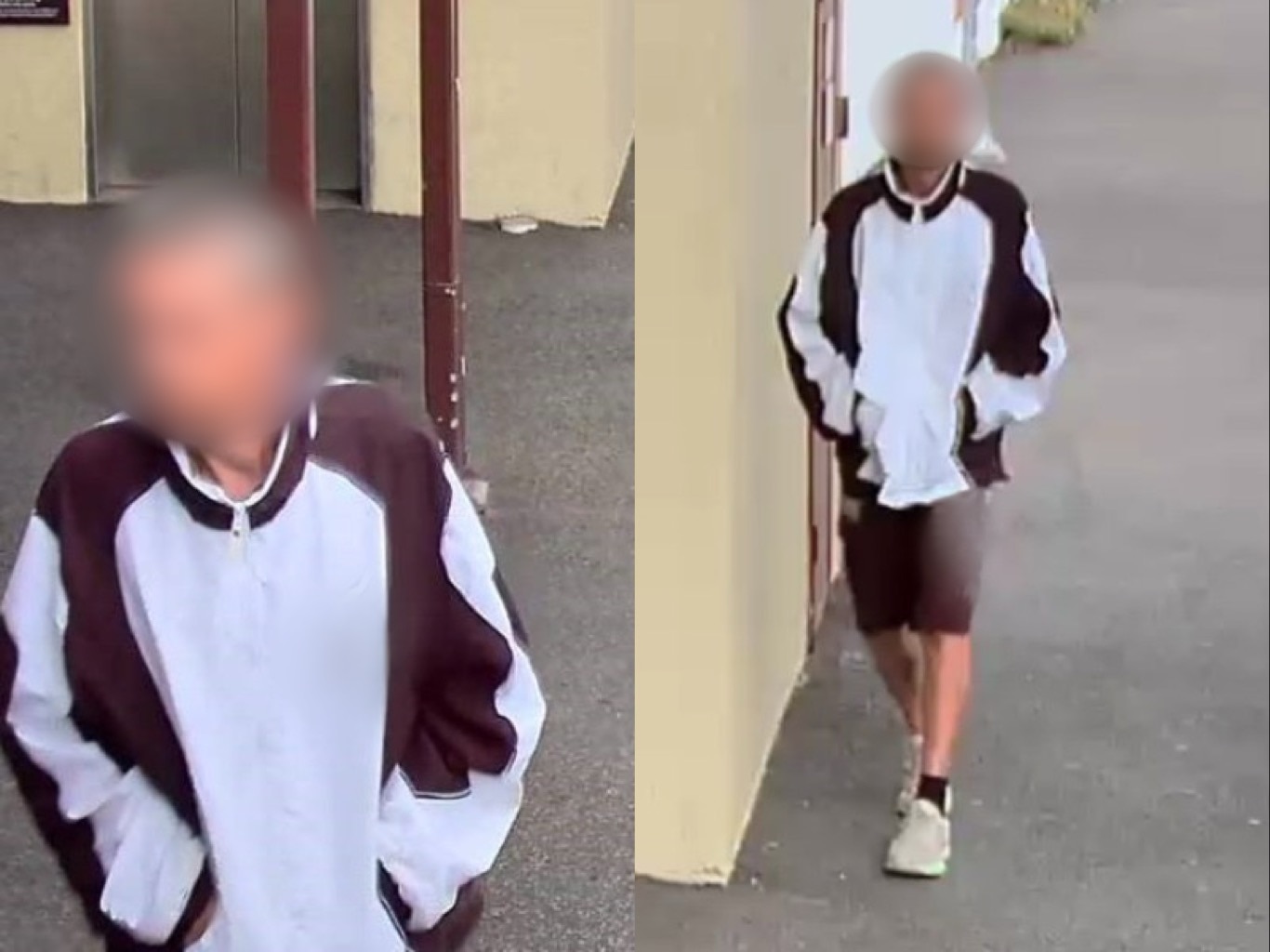 CCTV screenshots of Brett walking down a street with a white and black zip up jumper on
