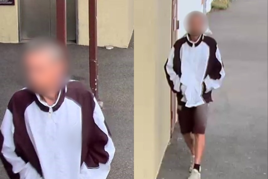 CCTV screenshots of Brett walking down a street with a white and black zip up jumper on