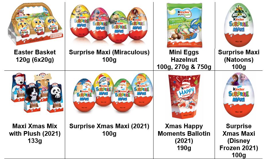 Eight different Kinder chocolate eggs with their product names below. 