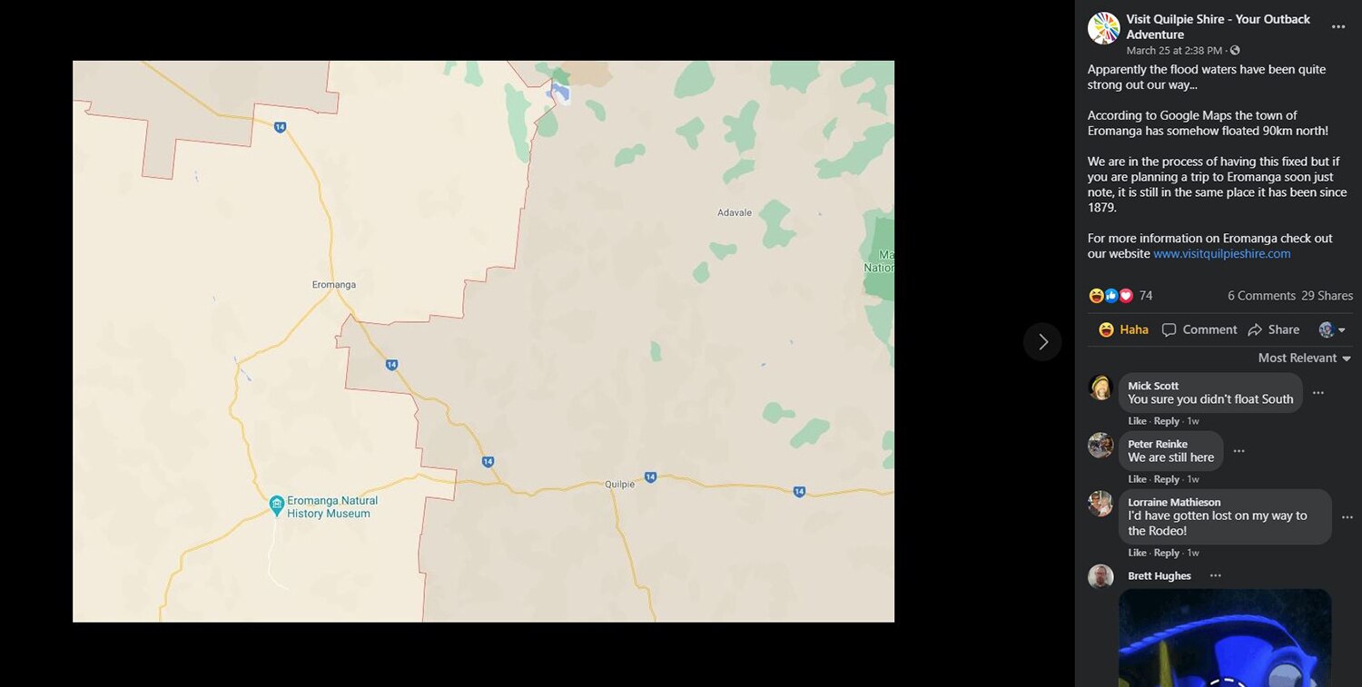 A Facebook post from Visit Quilpie Shire – Your Outback Adventure showing an image from Google Maps
