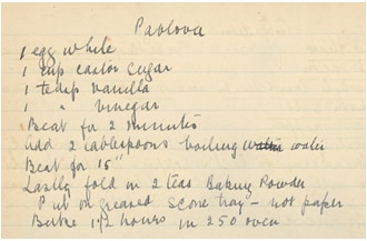 A handwritten recipe about pavlova.