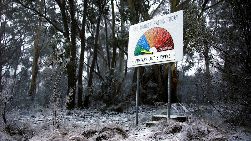 A fire danger rating sign covered in snow at Mount Victoria, in the Blue Mountains.