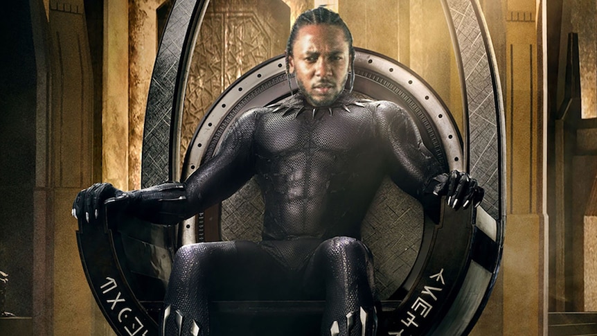 A photoshop of Kendrick Lamar as Black Panther sitting on a throne