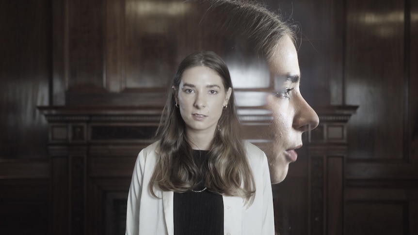 Evelyn Araluen reads poetry with her face from another angle superimposed into the abckground
