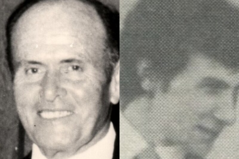 Two black and white photographs of two men, one old and one younger, taken in the 1970s