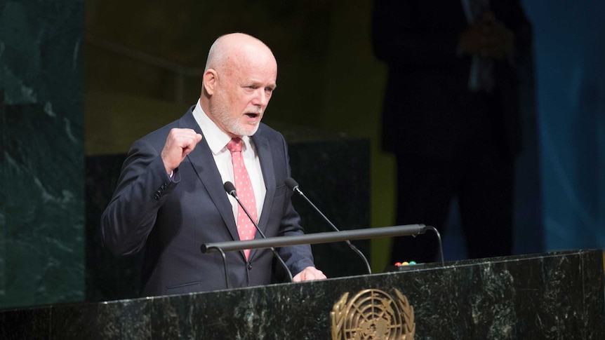 Peter Thomson, Permanent Representative of the Republic of Fiji, at podium.