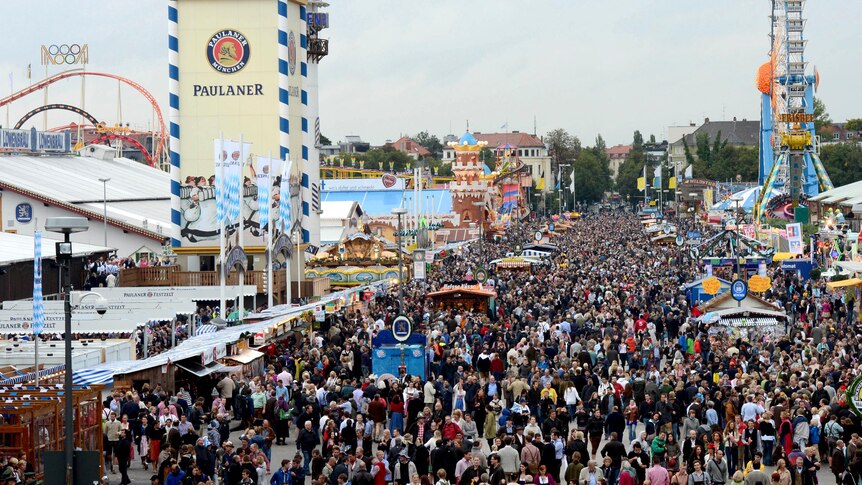 Thousands walk through Oktoberfest in Munich.