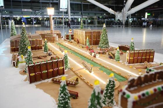 A model of Heathrow Airport made out of gingerbread in the check-in area of Heathrow