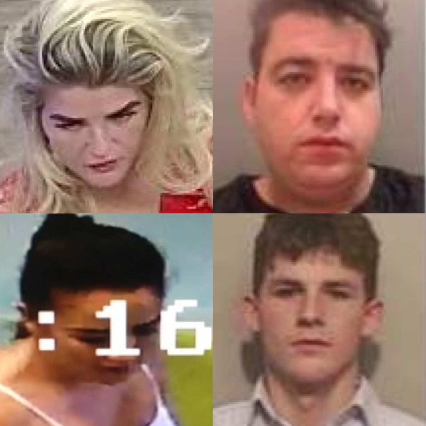 A composite image of four Irish citizens accused of committing a series of scams in Brisbane