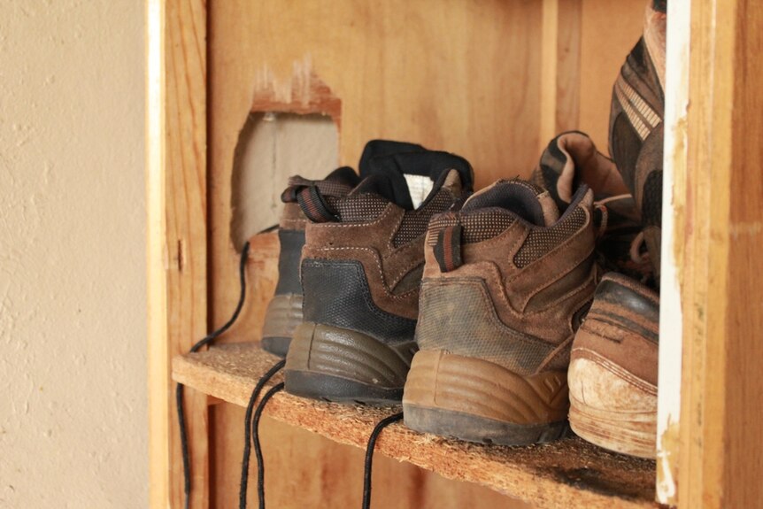 Backpackers' boots at a hostel in Mildura.