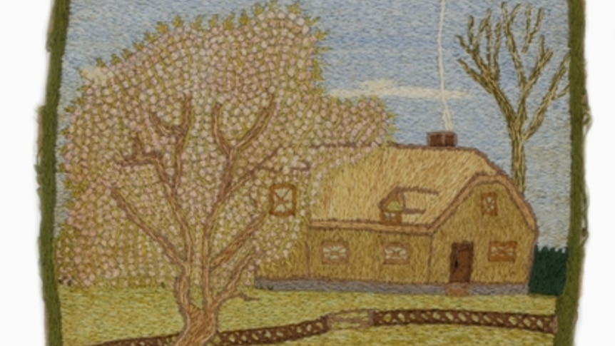 Embroidery depicting French farmhouse