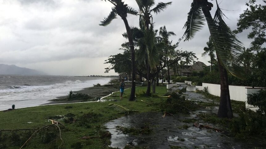 Broken trees braches on Fiji shoreline after Tropical Cyclone Winston