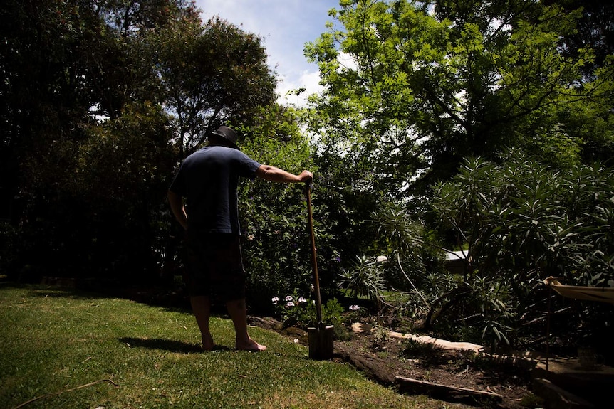 Ben leans on a shovel in his garden.