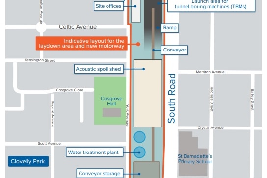 A map showing the Torrens to Darlington tunnel project along South Road.