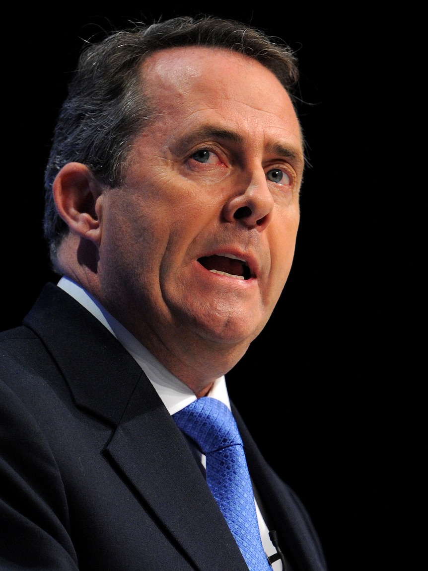 British Secretary of State for Defence Liam Fox addresses delegates during the final day of the Conservative Party Conference
