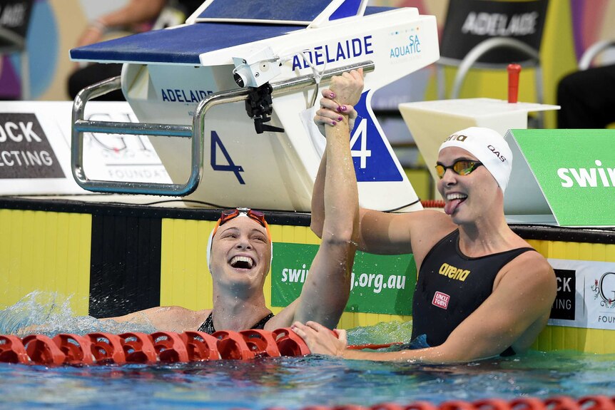 Cate Campbell and Bronte Campbell after 50m final