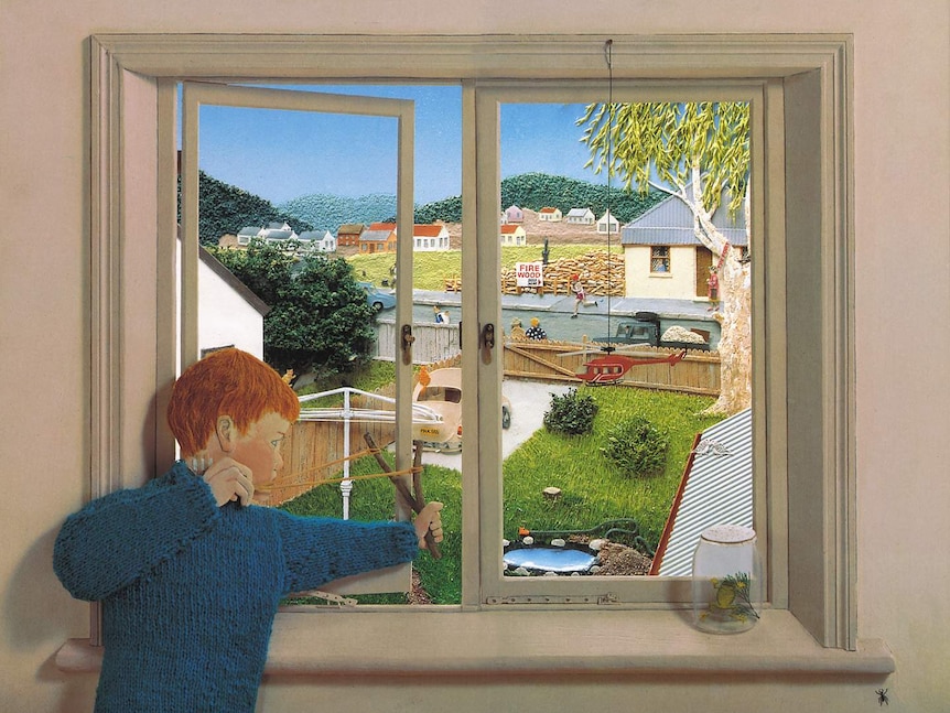 A collage of a boy looking out onto his backyard and a clearing across the road advertising firewood.